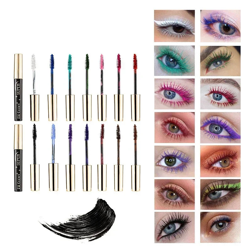 14-color mascara: thick, curved, waterproof, non-smudging, long-lasting. Colors: blue, white, green, pink, black