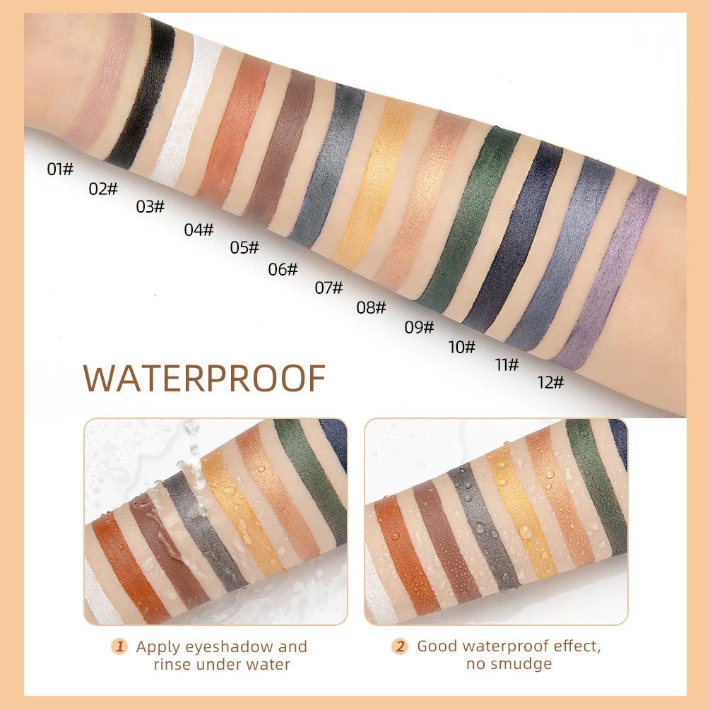 12-color Waterproof Eye Pencil and Eyeshadow: Glitter, Matte, Nude
