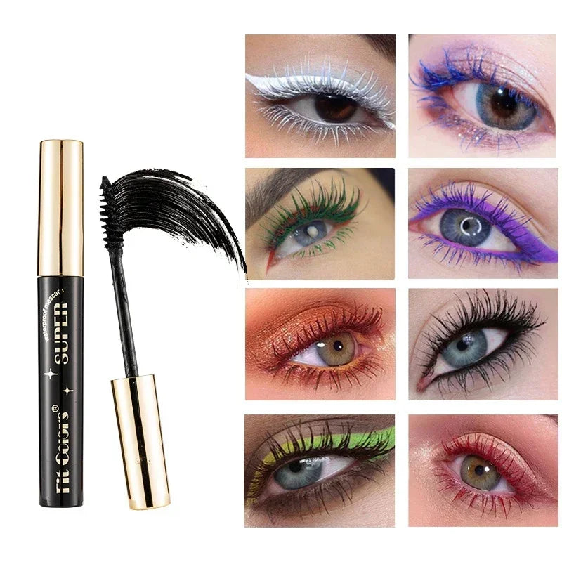 14-color mascara: thick, curved, waterproof, non-smudging, long-lasting. Colors: blue, white, green, pink, black