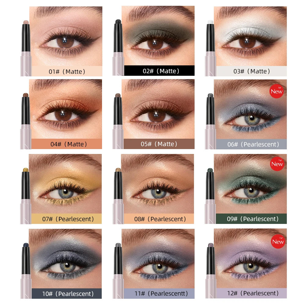 12-color Waterproof Eye Pencil and Eyeshadow: Glitter, Matte, Nude