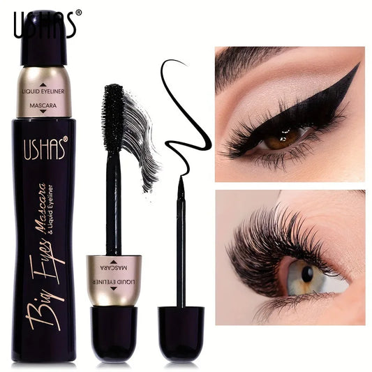 USHAS New Mascara Eyeliner Set Waterproof Moisturize Lasting 2 in 1 Eye Makeup Slender Curly Thick Eyelash Fashion Black Mascara
