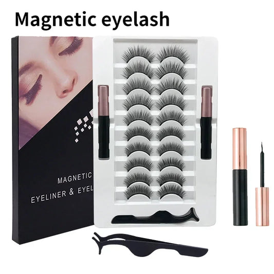 3/10Pairs Magnetic Eyelashes False Lashes Repeated Use Eyelashes Waterproof Liquid Eyeliner with Tweezer Makeup Set Fake Lashes