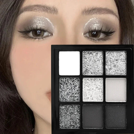 Punk Smokey: 9-Color Glitter Eyeshadow Palette with Cool Toned Pigments
